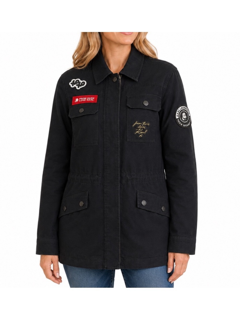 Karl Lagerfeld Paris Women’s Black, Patch Cargo Field Jacket size Small